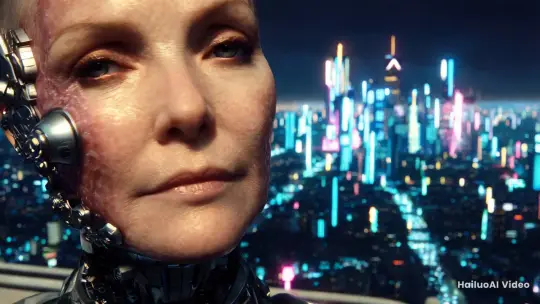 Cybernetic Woman Amidst Futuristic Cityscape – AI Generated Video | Hailuo AI