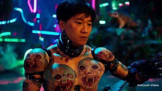 Asian Cyborg Showcases Dynamic Tattoos in Futuristic Kung Fu Scene – AI Generated Video | Hailuo AI