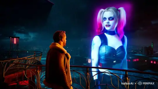 Dystopian Cityscape with Ryan Gosling and Harley Quinn Hologram – AI Generated Video | Hailuo AI