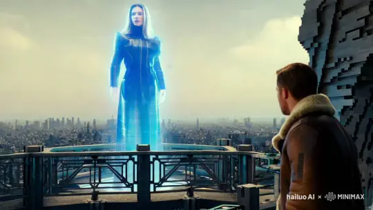 Natalie Portman's Hologram Overwhelms Ryan Gosling in Futuristic Cityscape – AI Generated Video | Hailuo AI