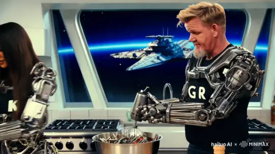 Gordon Ramsay as a Cyborg Chef in Futuristic Kitchen – AI Generated Video | Hailuo AI