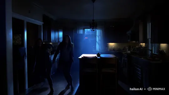 Moonlit Kitchen: Friends Face Fearful Figure in Shadows – AI Generated Video | Hailuo AI