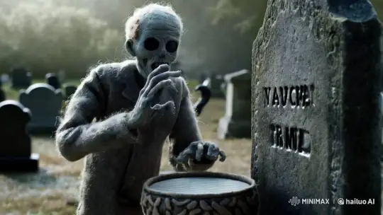 Felt Zombie Drummer Haunts Weathered Graveyard – AI Generated Video | Hailuo AI