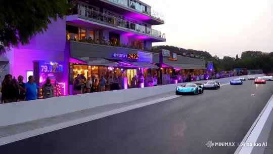 Supercar Races on a 194-Meter Street with Vibrant Sidewalk Festivities – AI Generated Video | Hailuo AI