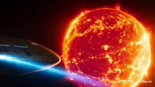 Futuristic Spaceship Navigates Close to the Sun's Surface – AI Generated Video | Hailuo AI