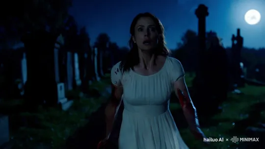 Woman Fleeing in Moonlit Cemetery Amidst Shadowy Threats – AI Generated Video | Hailuo AI