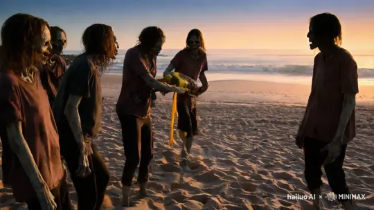 Zombie Surfers Flirt on a Macabre Sunset Beach – AI Generated Video | Hailuo AI