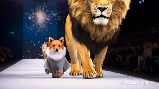 Anthropomorphic Dog and Lion Walk Fashion Catwalk in Harmony – AI Generated Video | Hailuo AI
