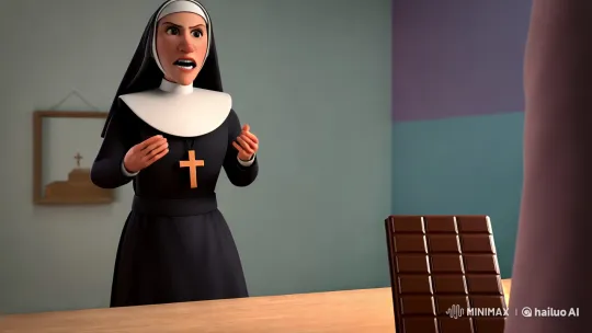 Nun Confronts Chocolate in Pixar-Style Animated Scene – AI Generated Video | Hailuo AI