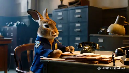 Anthropomorphic Rabbit Officer in Vintage Police Station – AI Generated Video | Hailuo AI