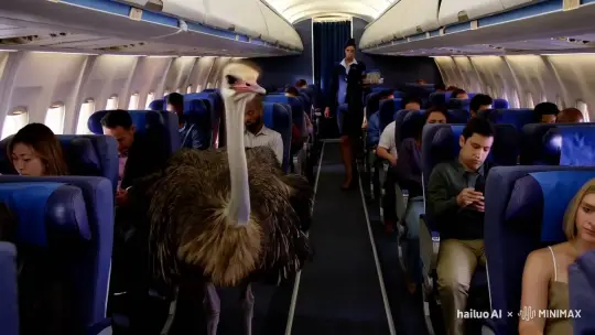 Ostrich Seated in Airplane Cabin Among Passengers – AI Generated Video | Hailuo AI