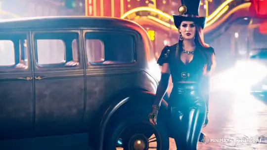 Steampunk Woman Strides Through Futuristic Cityscape – AI Generated Video | Hailuo AI