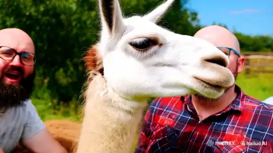 Llama Spitting Comedy with Bearded Men – AI Generated Video | Hailuo AI