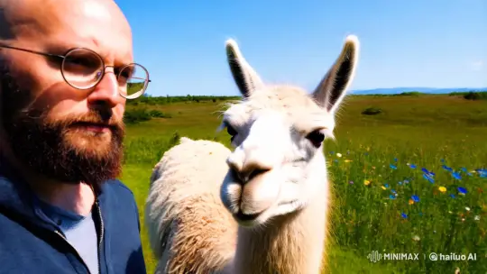 Whimsical Llama Spits Water at Unaware Man – AI Generated Video | Hailuo AI