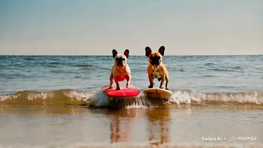 French Bulldogs Surfing in Serene Beach Setting – AI Generated Video | Hailuo AI