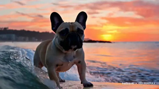 French Bulldog Serenely Rides Surf at Sunset – AI Generated Video | Hailuo AI