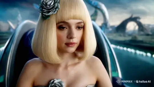 Young Woman Leads Alien Train in Futuristic Cityscape – AI Generated Video | Hailuo AI