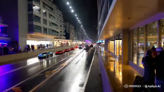City Street Transformed into a Racing Circuit with Vibrant Nightlife – AI Generated Video | Hailuo AI