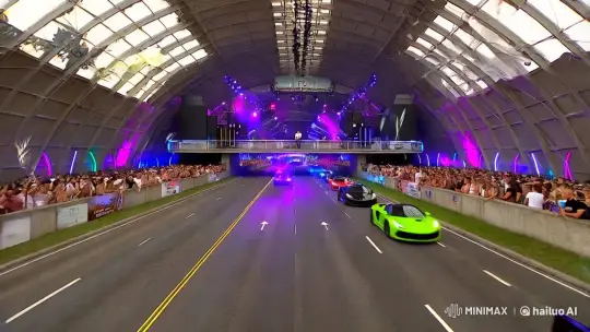 Futuristic Rave in a Vast Pavilion with Speeding Sports Cars – AI Generated Video | Hailuo AI
