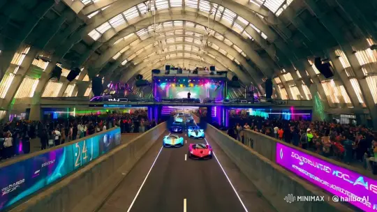 Futuristic Pavilion Hosts High-Speed Sports Cars and Rave Party – AI Generated Video | Hailuo AI