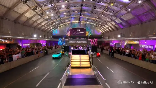 Grand Pavilion Hosts Futuristic Rave with High-Speed Cars – AI Generated Video | Hailuo AI