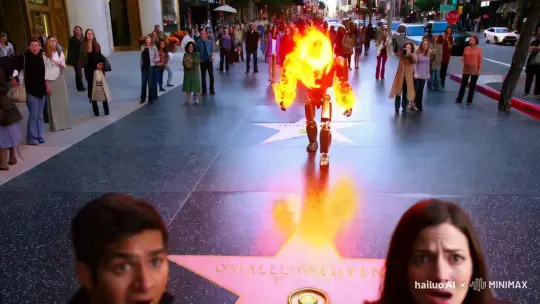 Futuristic Robot Burns on Hollywood Boulevard – AI Generated Video | Hailuo AI