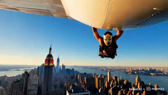 Hip-Hop Artist Leaps from Plane Over NYC Skyline – AI Generated Video | Hailuo AI