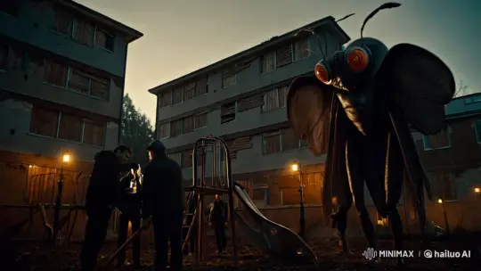 Humanoid Moth Toasts with Men in Neglected Courtyard – AI Generated Video | Hailuo AI