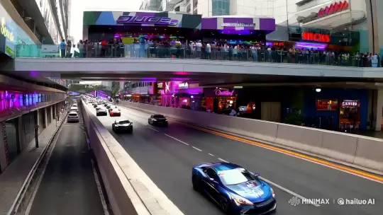 Modern Avenue with Elevated Road and Vibrant Nightlife – AI Generated Video | Hailuo AI