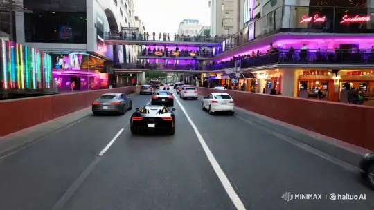 Modern Avenue Showcases Sleek Supercars Amidst Urban Vibrancy – AI Generated Video | Hailuo AI