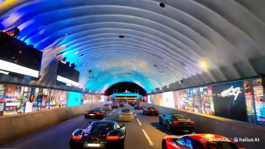 Sleek Pavilion Hosts Parade of Sports Cars Amidst Club-like Atmosphere – AI Generated Video | Hailuo AI
