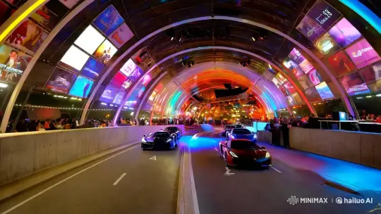 Dance Club Pavilion: Futuristic Arch Tunnel with Racing Cars and Vibrant Atmosphere – AI Generated Video | Hailuo AI