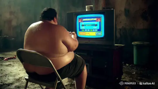 Obese Man Playing Video Game in Dim, Cluttered Room – AI Generated Video | Hailuo AI