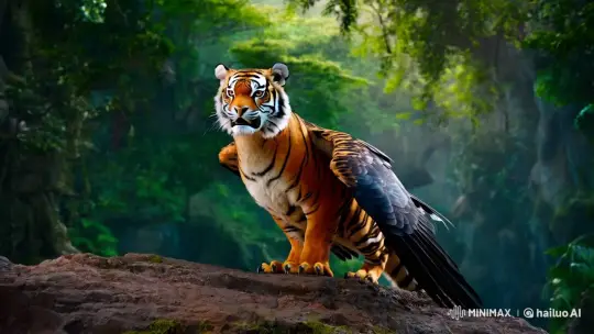 Hybrid Tiger-Falcon Creature Showcases Majestic Jungle Flight – AI Generated Video | Hailuo AI
