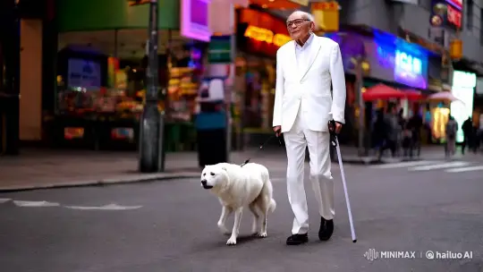 Visually Impaired Man and Guide Dog Navigate City Life – AI Generated Video | Hailuo AI