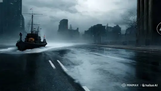 Vessel Navigates Futuristic Gotham with Pirate at Bow – AI Generated Video | Hailuo AI