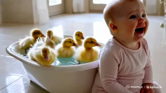 Baby and Ducklings Frolic in Bathtub Setting – AI Generated Video | Hailuo AI