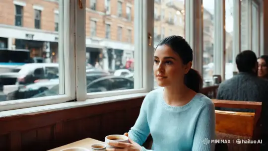 Contemplative Sarah in City Coffee Shop – AI Generated Video | Hailuo AI
