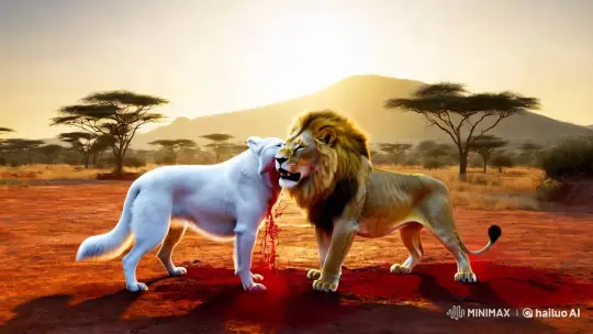 Colossal White Dog and Lion Battle in African Sanctuary – AI Generated Video | Hailuo AI