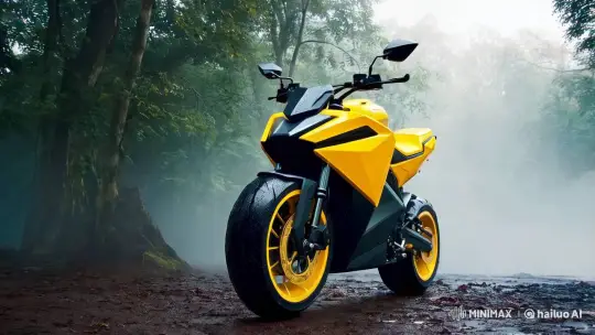 Electric Motorcycle Showcases Futuristic Design in Misty Forest – AI Generated Video | Hailuo AI