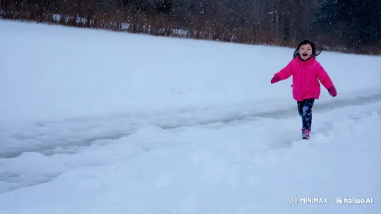 Joyful Girl's Playful Slip in Winter Wonderland – AI Generated Video | Hailuo AI