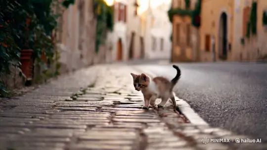 European Town Afternoon: Kitten's Serene Stroll – AI Generated Video | Hailuo AI