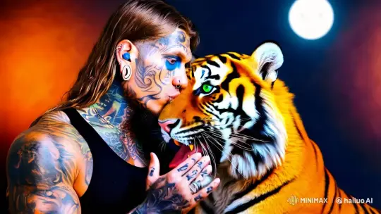 Man and Tiger Embrace in Enigmatic Cinematic Artwork – AI Generated Video | Hailuo AI