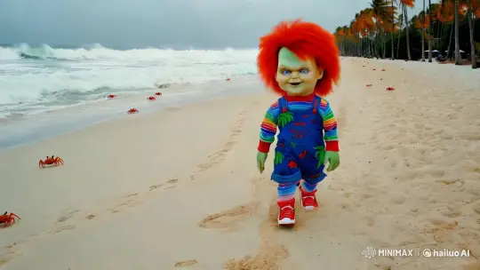 Chucky Doll Strides on a Dramatic Beach Setting – AI Generated Video | Hailuo AI