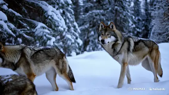 Slowmotion Poem: Majestic Wolves in Winter Wonderland – AI Generated Video | Hailuo AI
