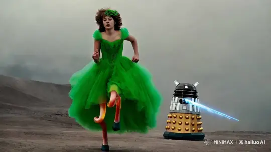 Young Woman in Green Ballgown Evades Dalek in Surreal Chase – AI Generated Video | Hailuo AI