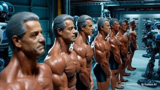 Silent Strength: Photorealistic Bodybuilders in Industrial Stillness – AI Generated Video | Hailuo AI