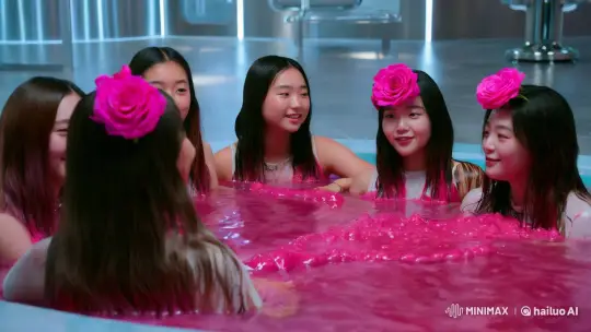 Young Women in Futuristic Pool with Pink Roses – AI Generated Video | Hailuo AI
