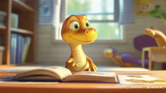 Baby Dinosaur Joyfully Reads in Cozy Dino-Themed Library – AI Generated Video | Hailuo AI