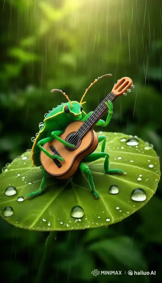 Stink Bug Strums Guitar in Rainy Forest Setting – AI Generated Video | Hailuo AI